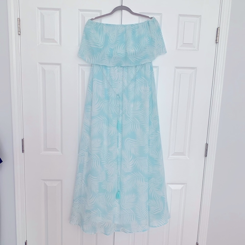 Aqua palm leaf strapless maxi dress